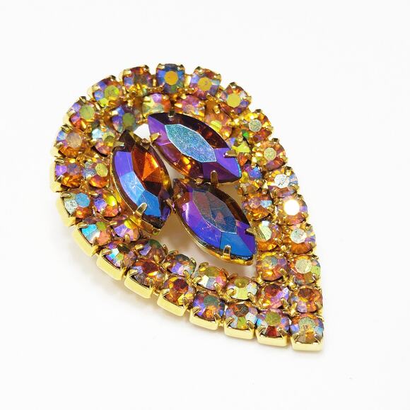 Mid-Century AB Teardrop Brooch – Red Marquise Rhinestones - Picture 10 of 10